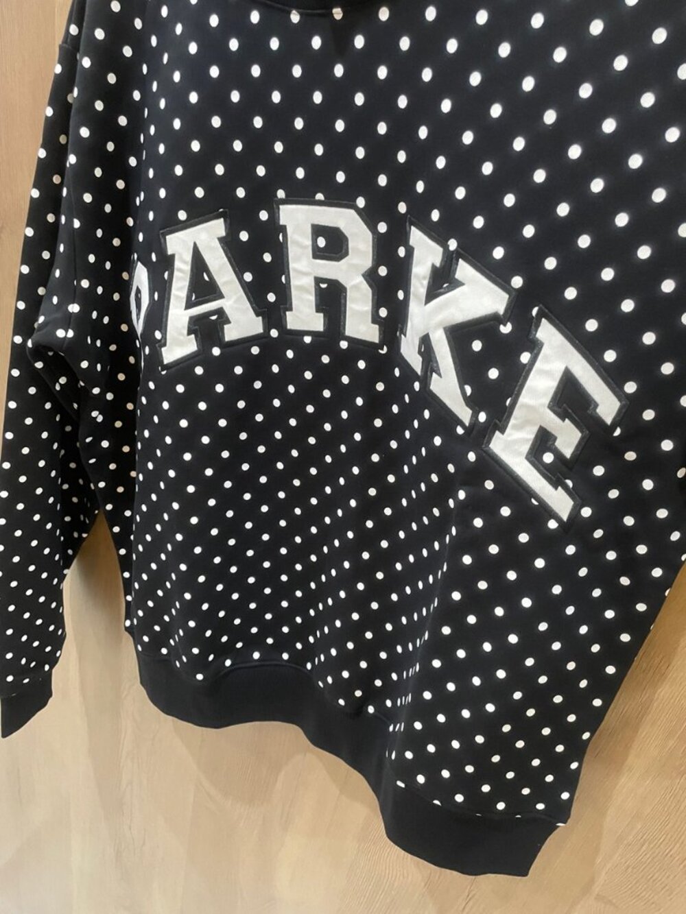 PARKE Varsity Letter Polka Dot Mock Neck Pullover Sweatshirt - Picture 4 of 8